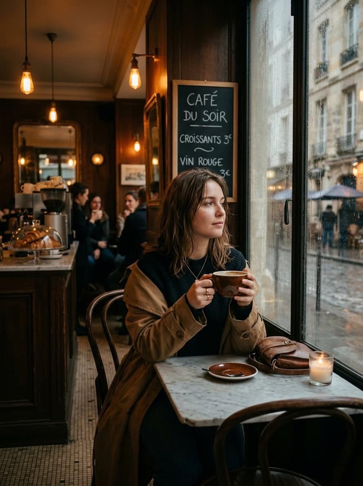 Cinematic photo of a young woman sitting alone in a cozy Par