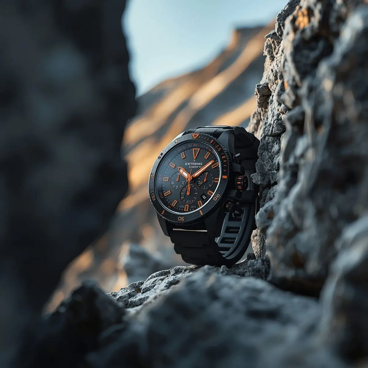 A rugged, matte-black chronograph watch with bold orange acc