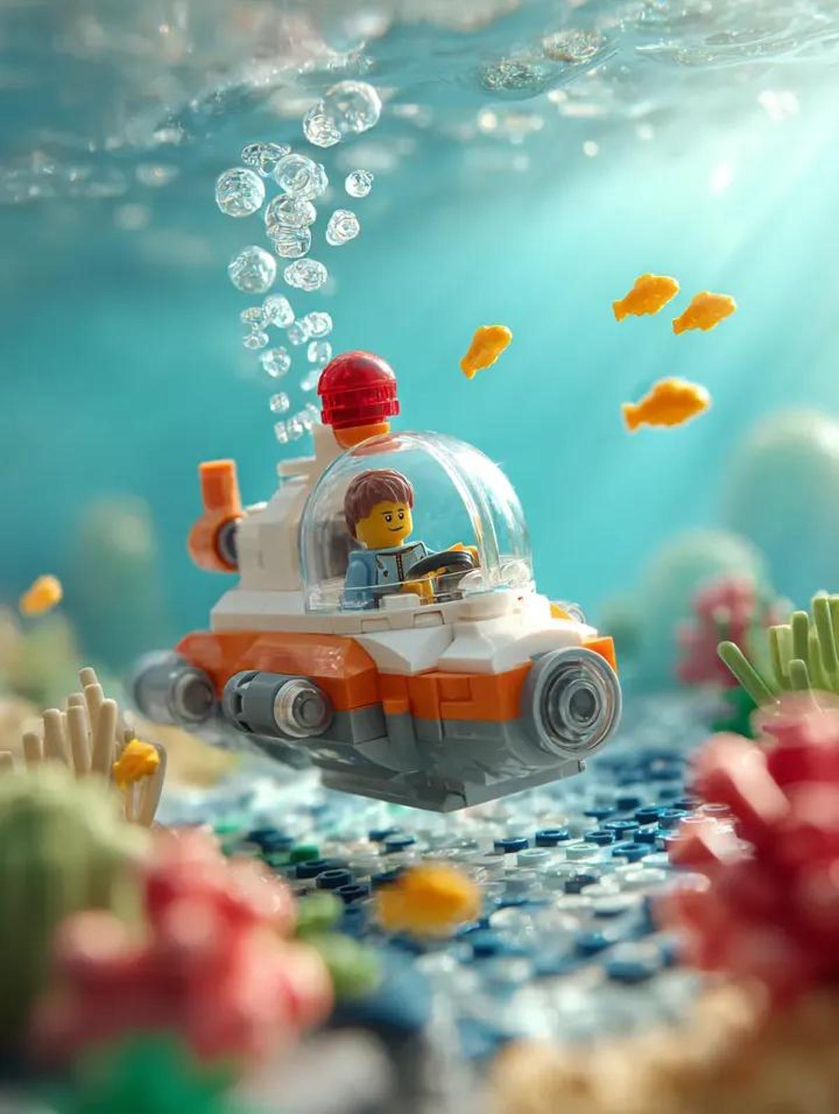 Surrounding the submarine are multiple small bright yellow L