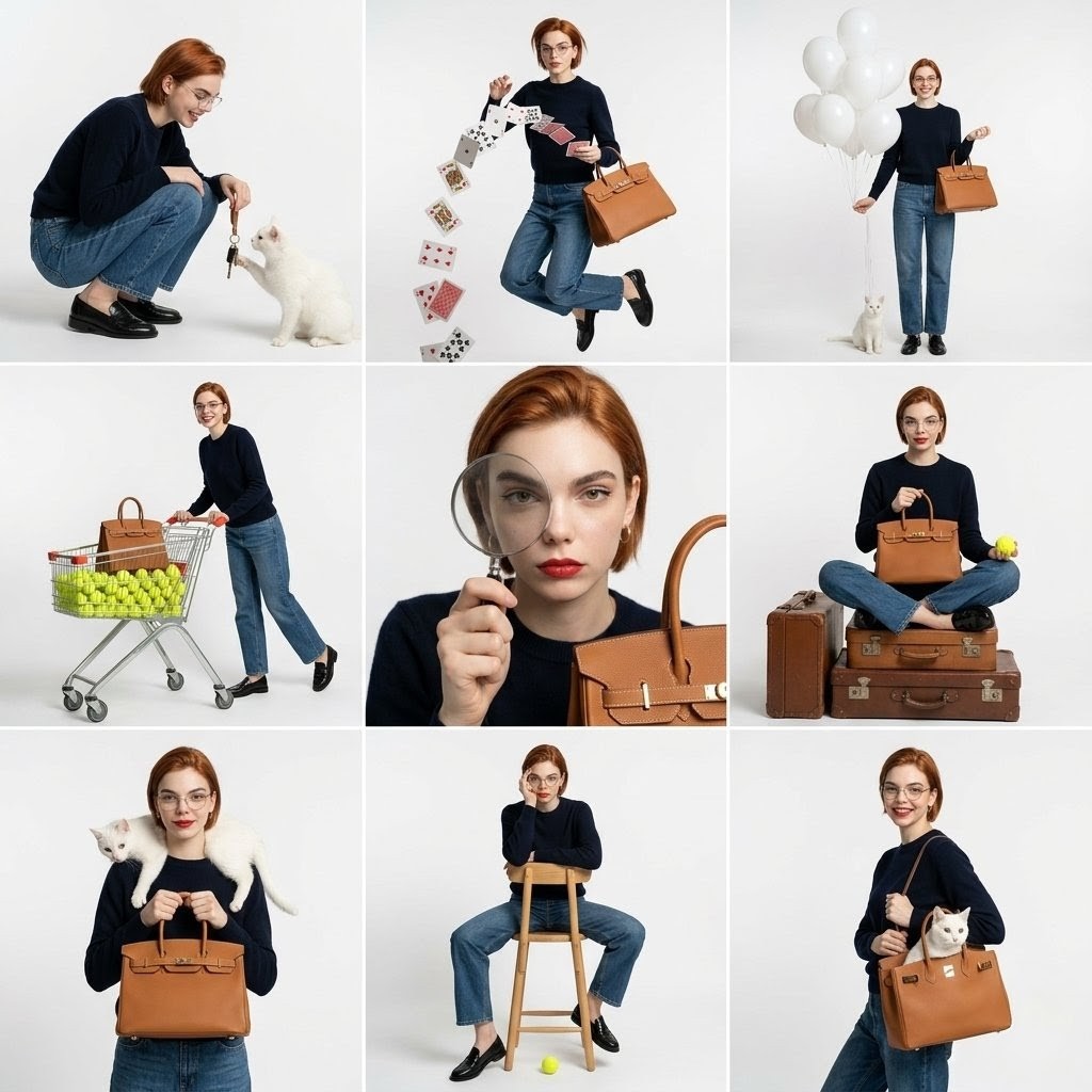 studio fashion collage, 3x3 grid layout, same subject repeat