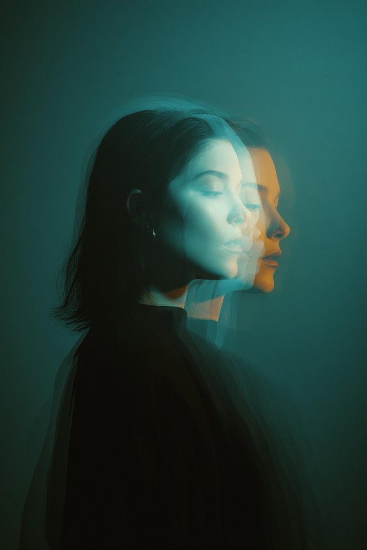 Cinematic double exposure portrait of a woman in side profil