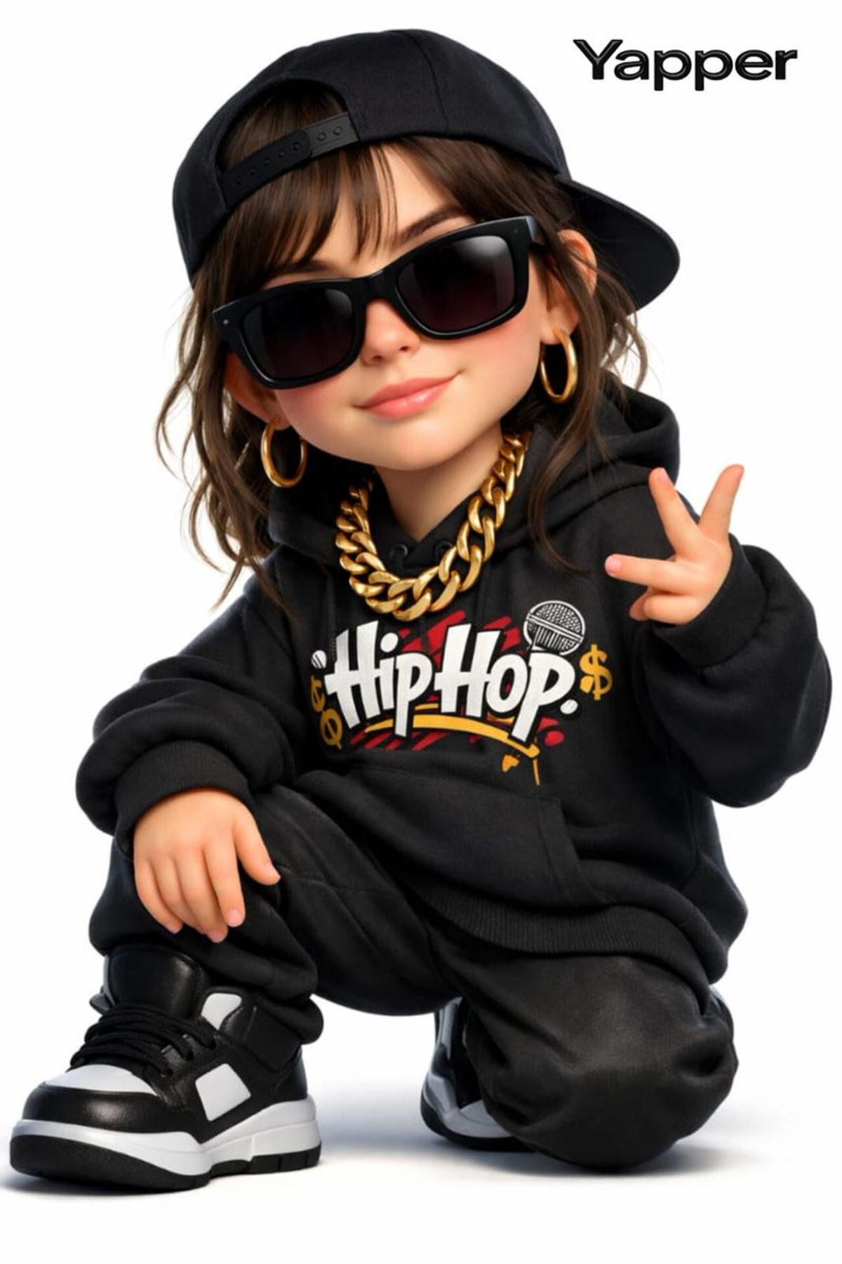 Create a 3D cartoon-style woman with a rap style (the face i