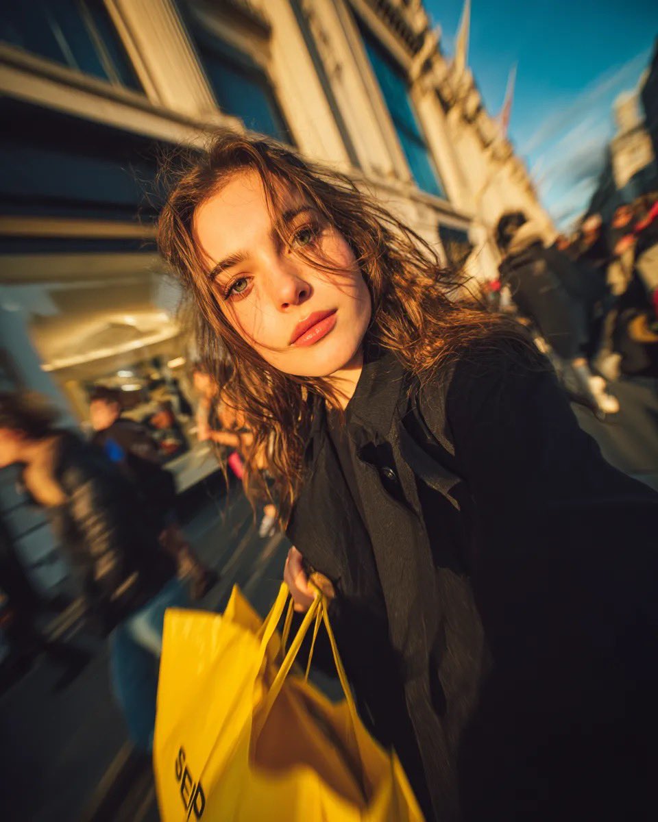 Cinematic street portrait of a young woman walking through a