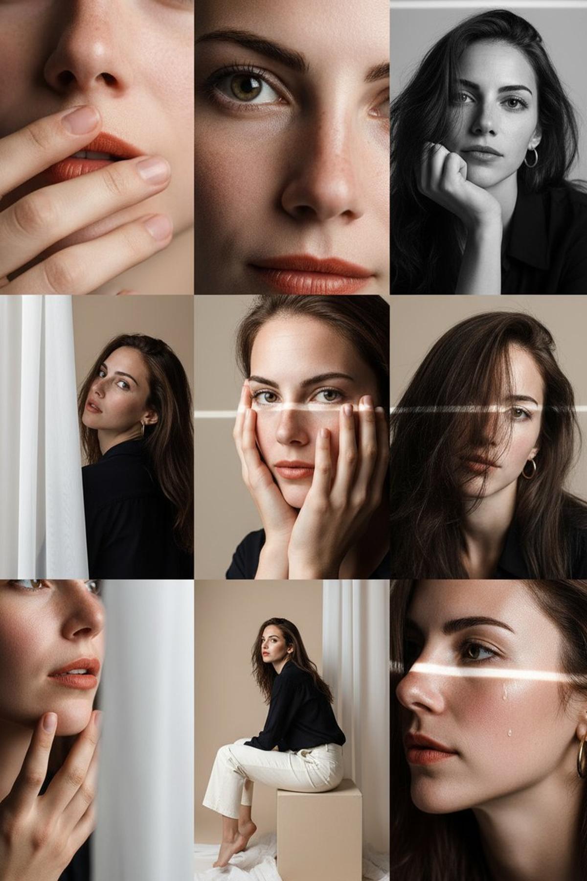 在柔和米色的工作室内,构建3x3精细编辑照片网格
角色穿深蓝轻薄衬衫,米白长裤,赤脚展现原始质感
灯光设计:
前右大