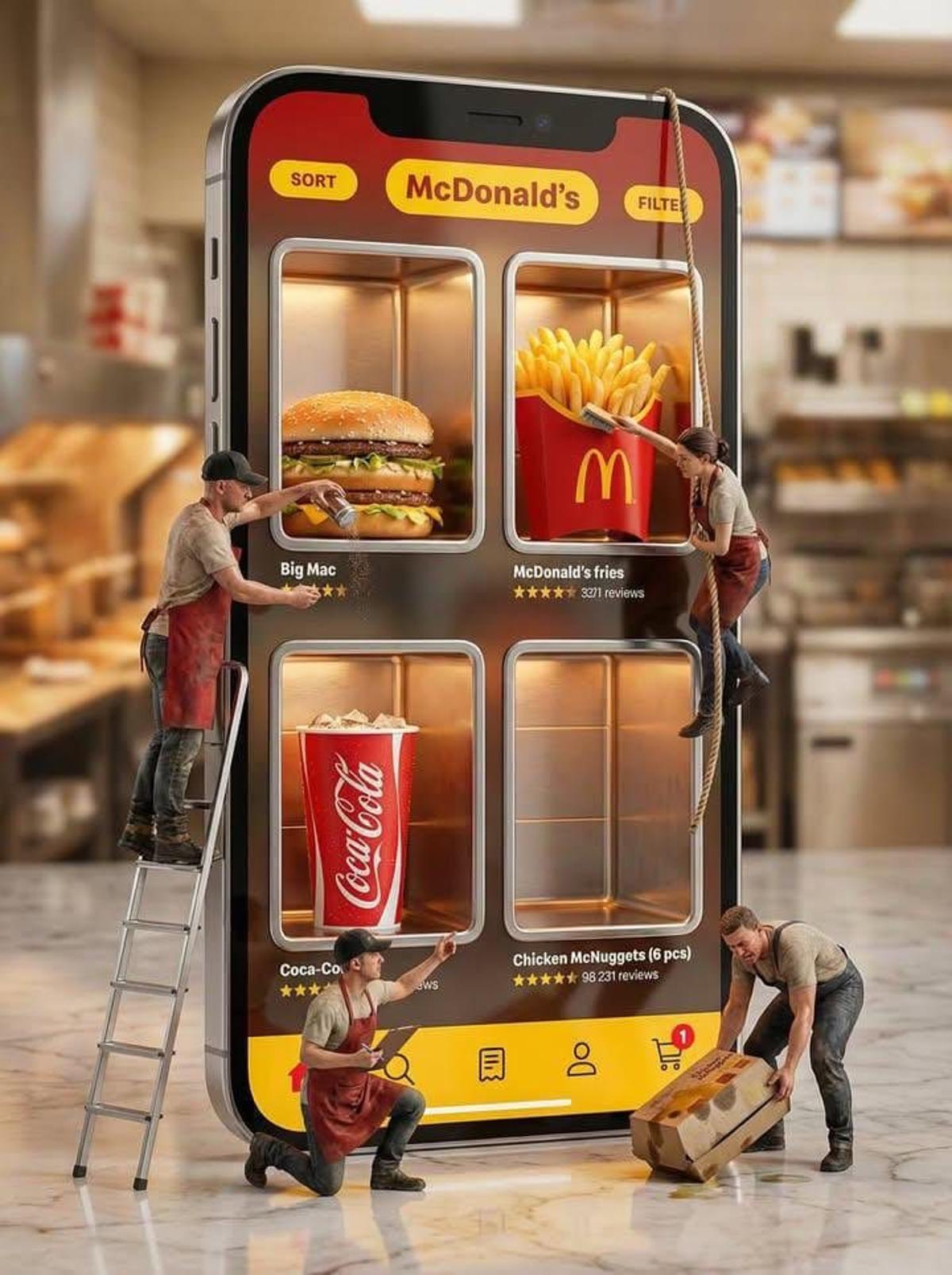 Ultra-realistic creative advertising scene showing a giant s