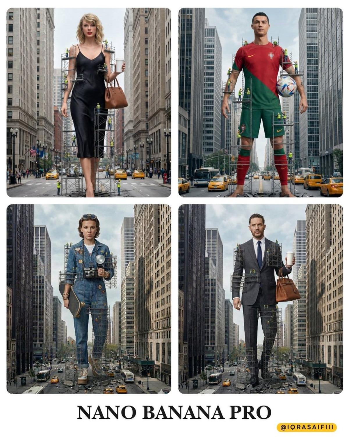 {
"description": "A colossal woman standing in a city stre