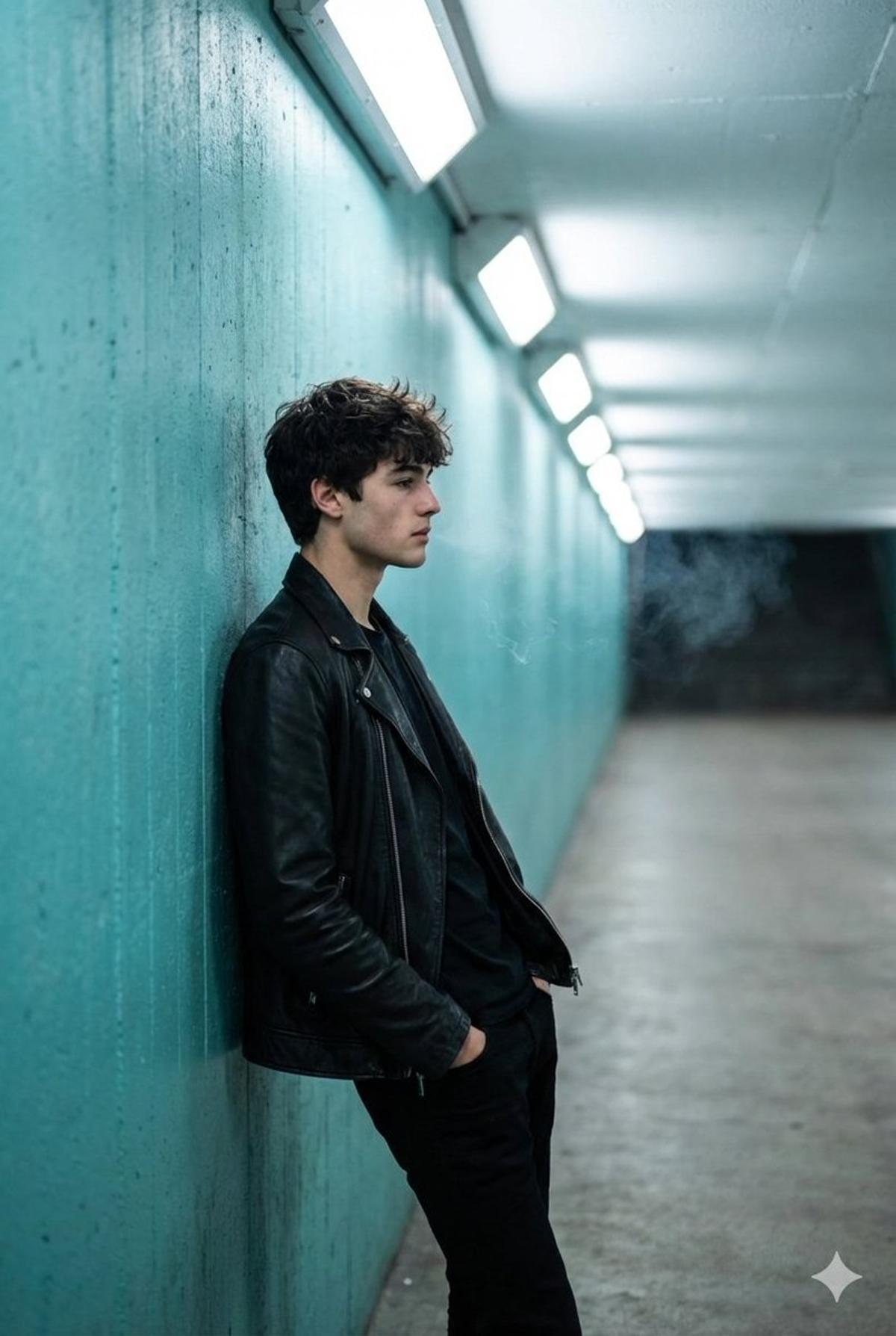 A full shot captures a young man in profile, leaning against