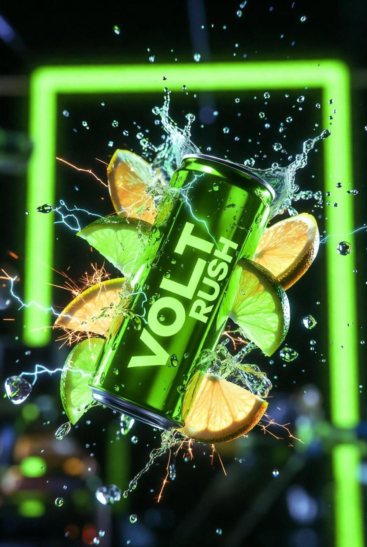 Ultra-cinematic product photography of a neon-green energy d