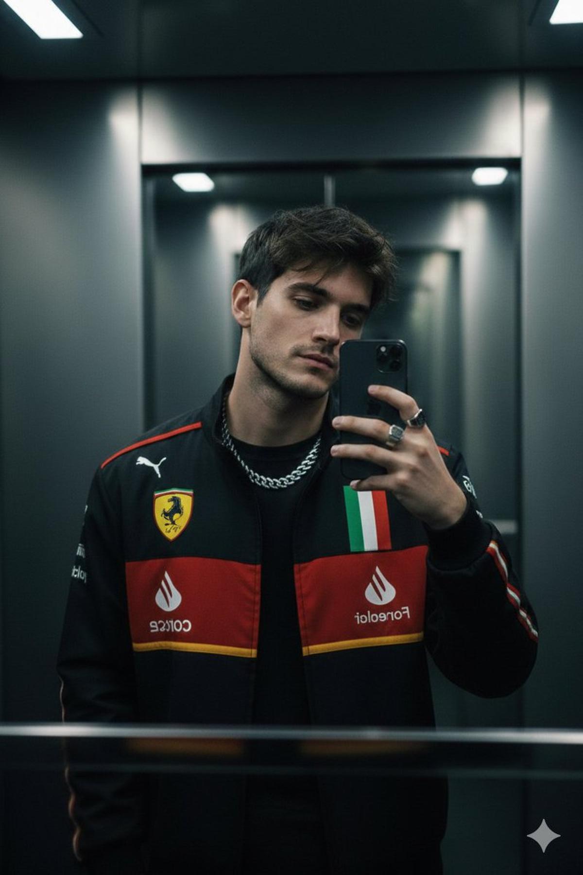 A moody cinematic mirror selfie of a stylish young man use i