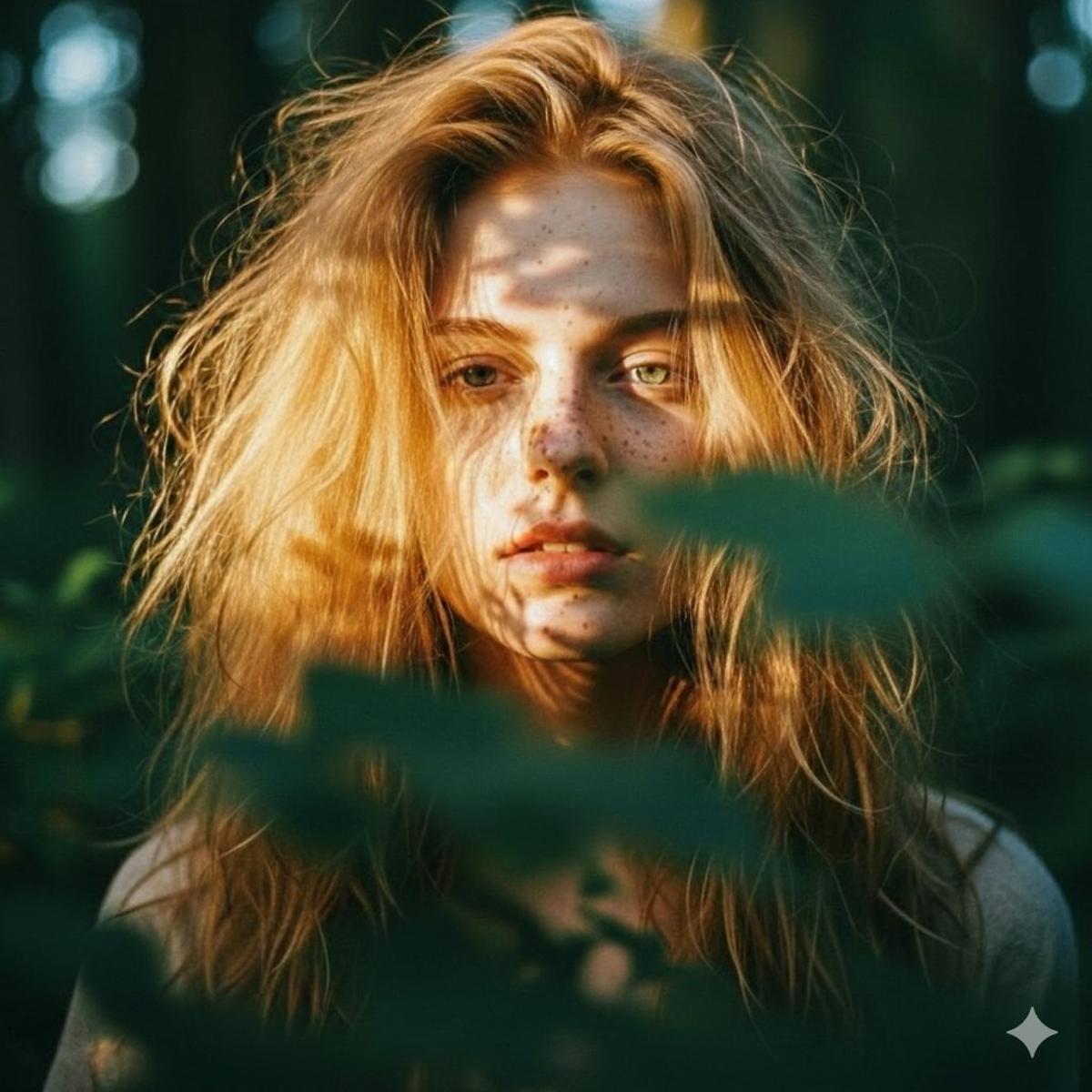 Close-up portrait of a young woman with messy, voluminous st