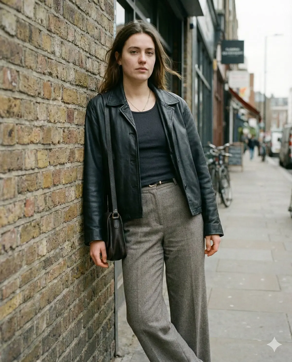 {
"scene": "Urban street portrait on a quiet city sidewalk