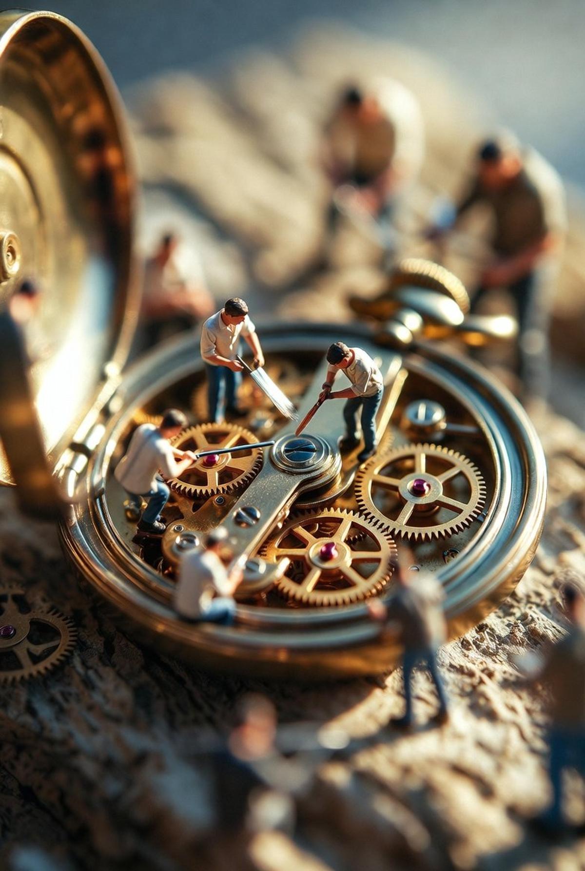 Ultra-realistic macro scene depicting tiny restoration worke
