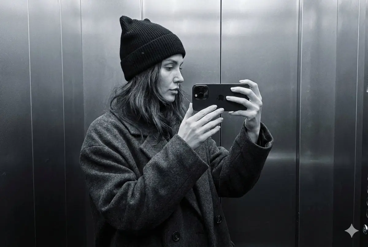 A photorealistic profile selfie, minimalist and monochrome:
