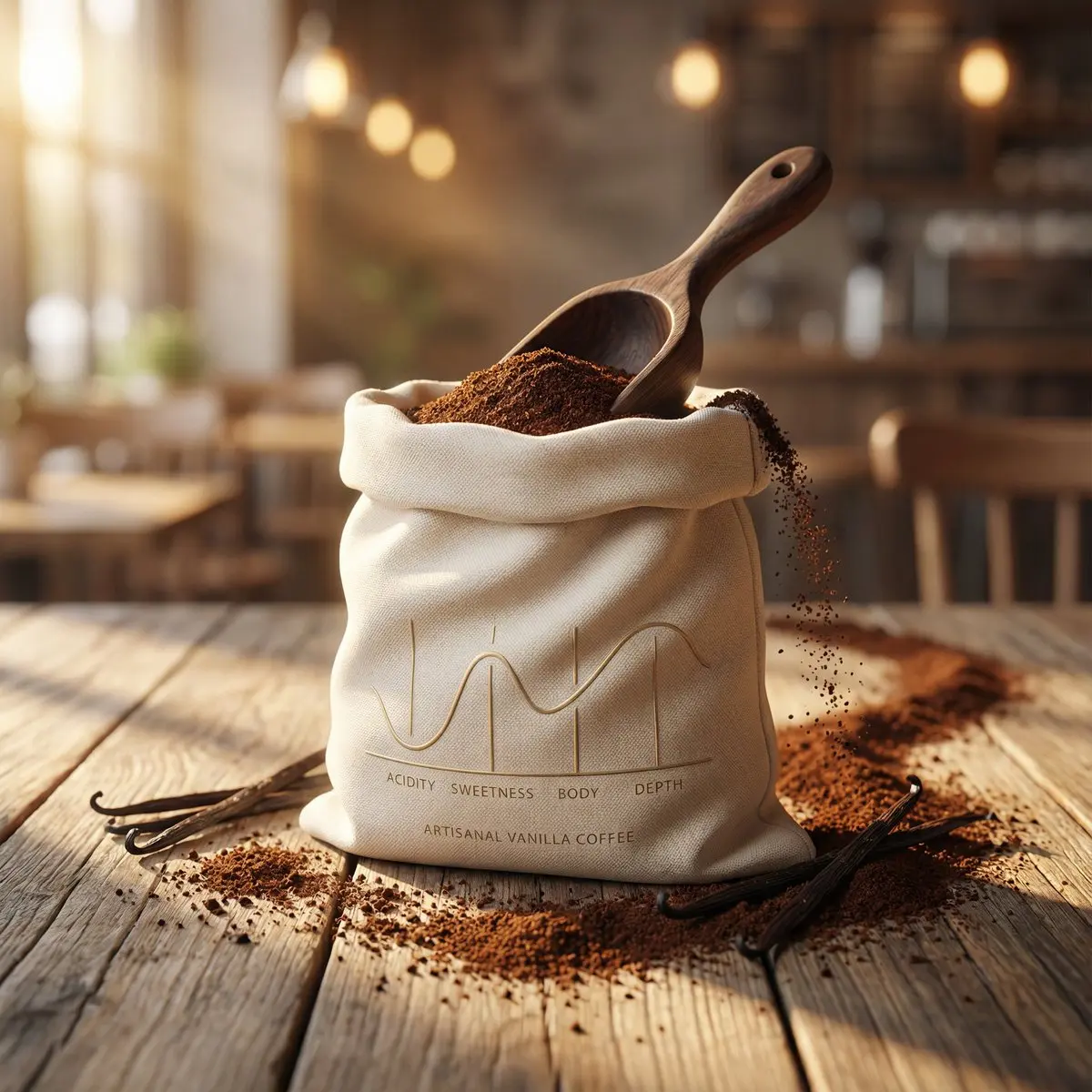 Luxury product photography of artisanal vanilla ground coffe