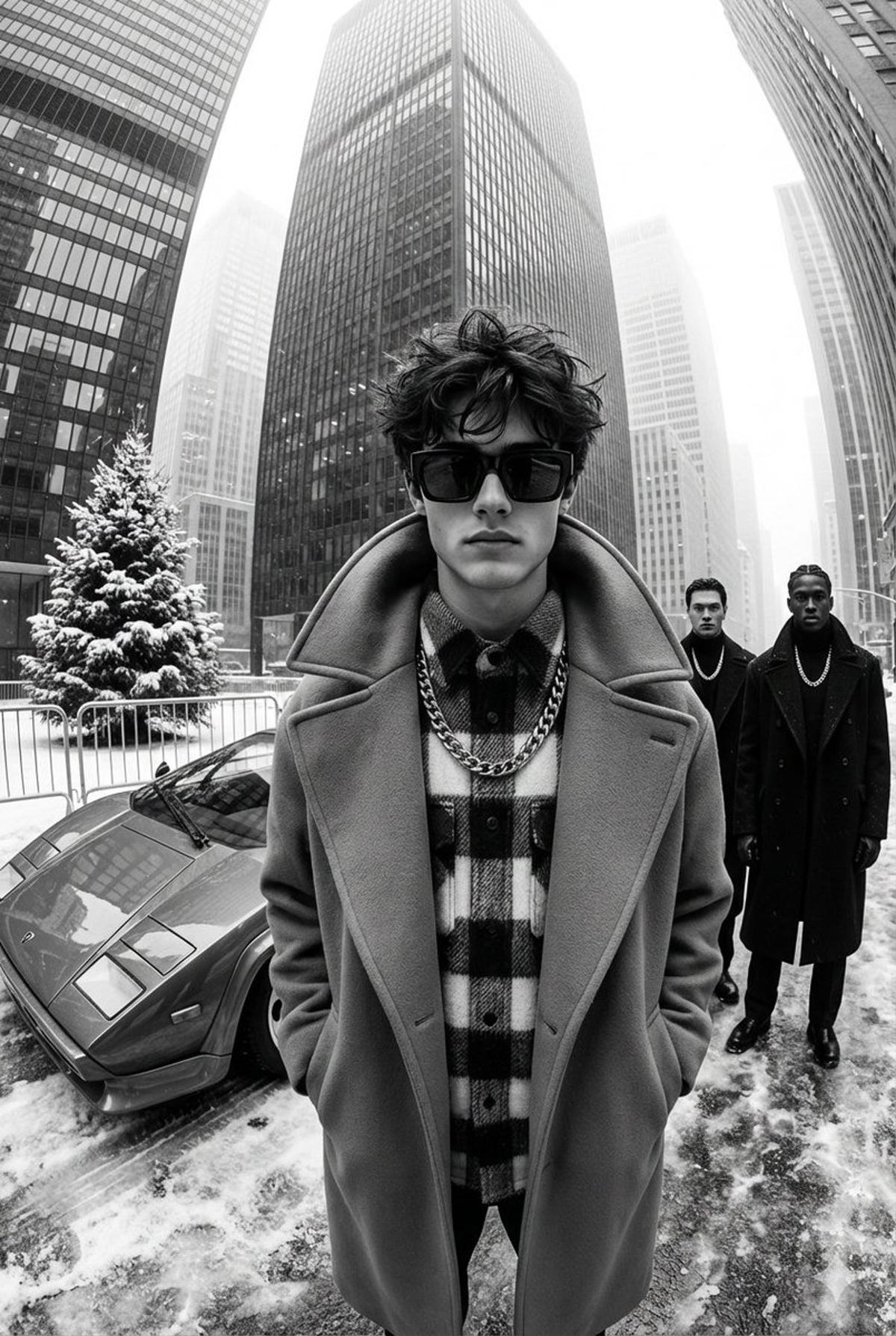 A black-and-white, high-contrast, ultra-glamorous street fas