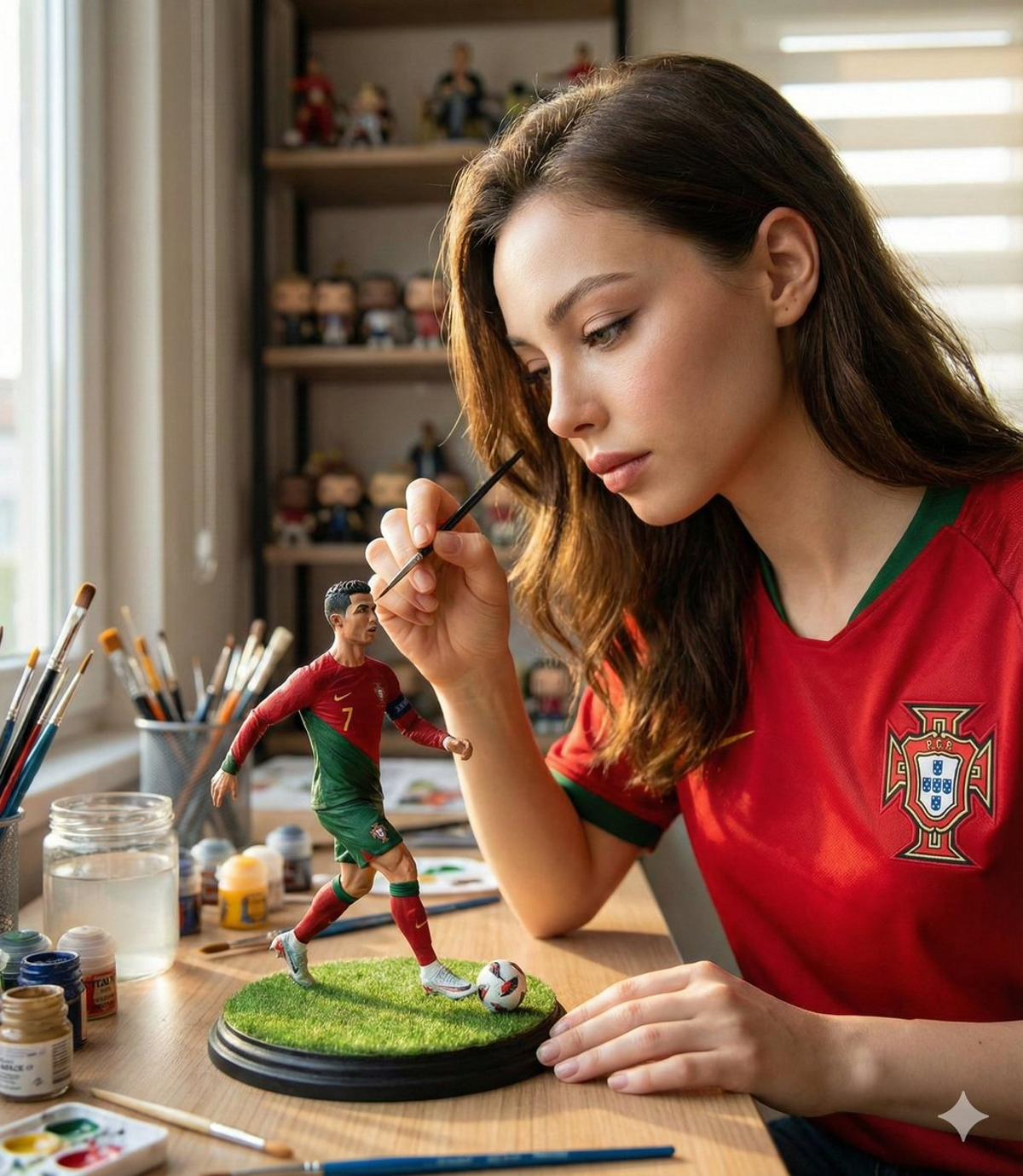 A hyper-realistic cinematic scene of a woman carefully paint