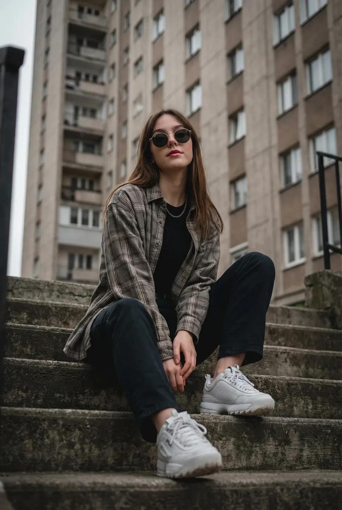 {
"subject": "Young woman sitting casually on outdoor conc