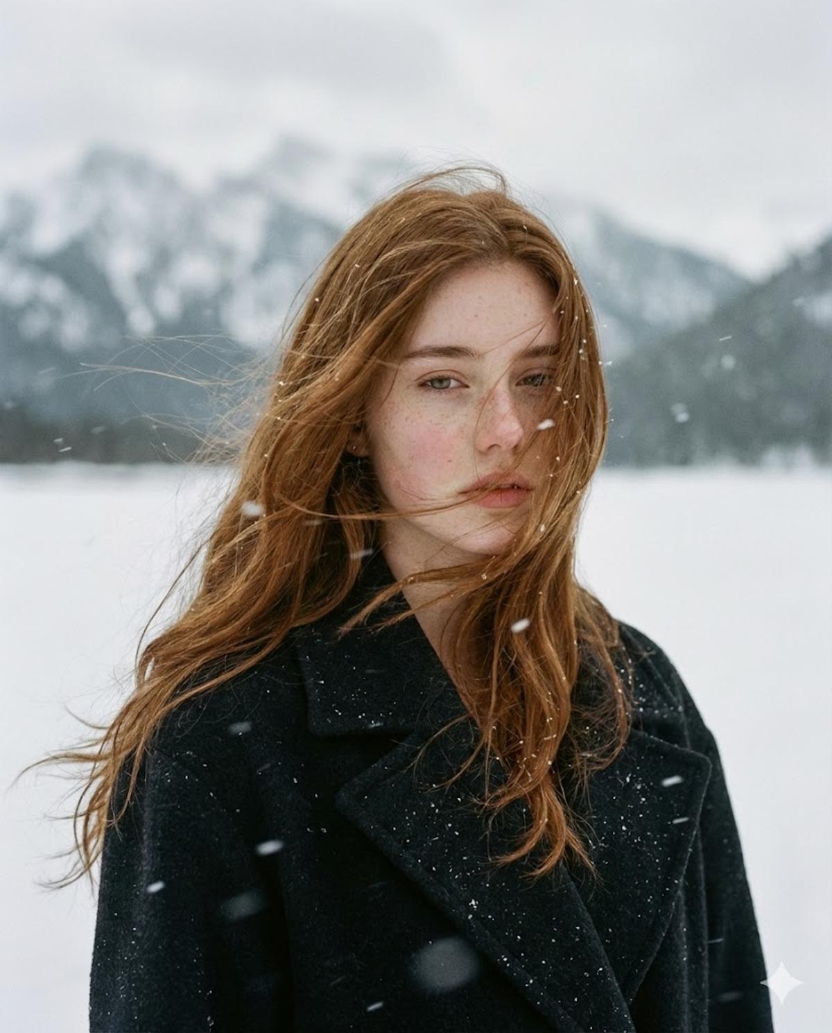 A poetic cinematic portrait of a young woman standing alone