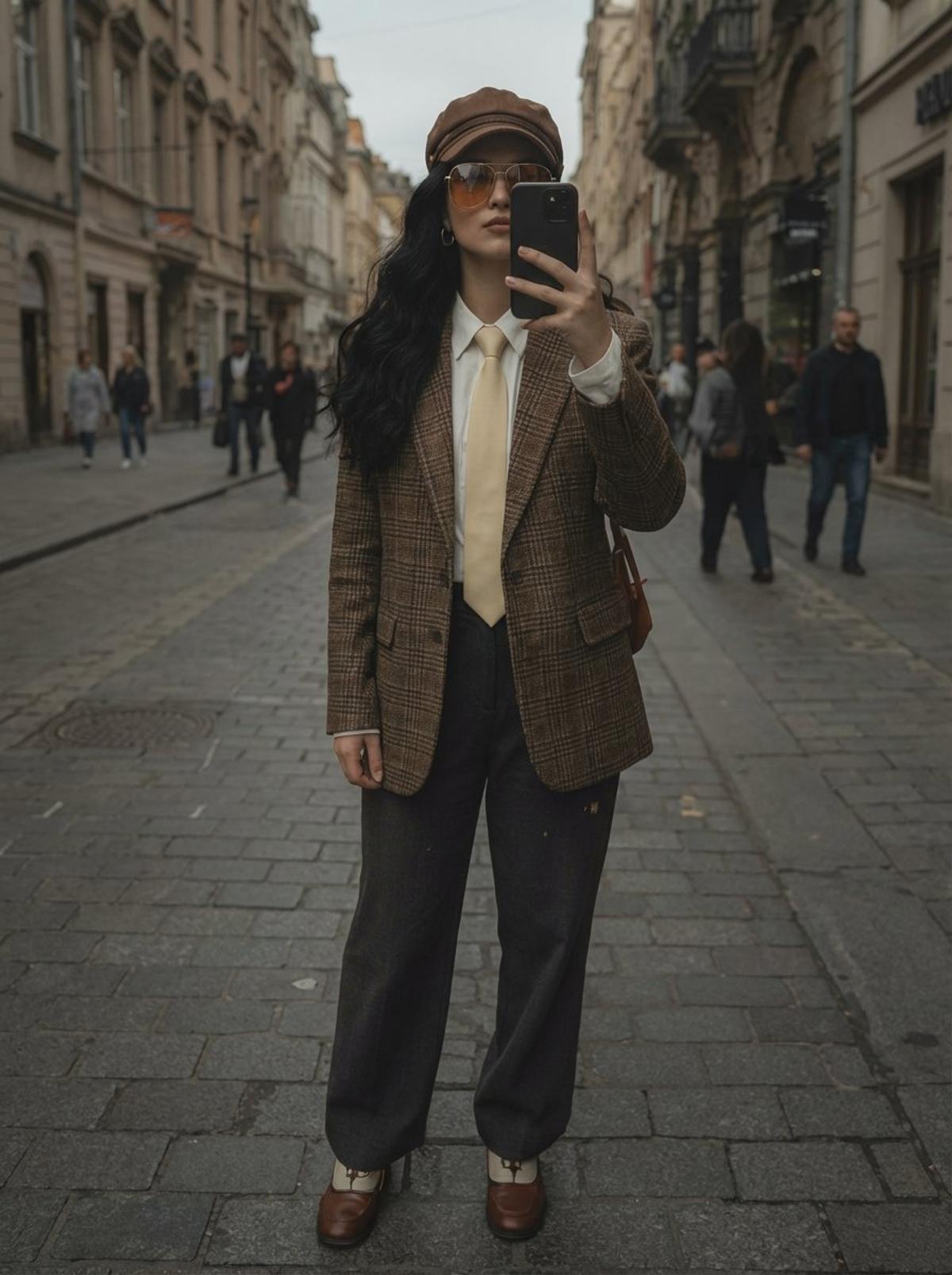 A stylish woman taking a mirror selfie on a European cobbles