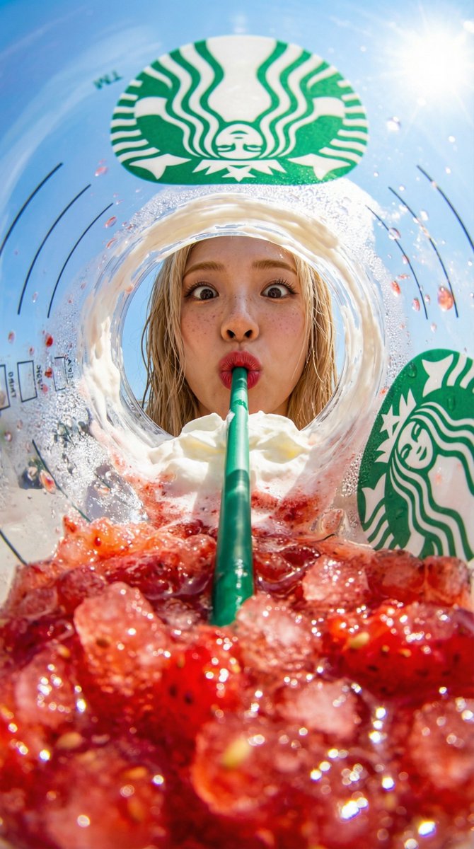 {
"prompt": "View from inside a Starbucks strawberry frapp