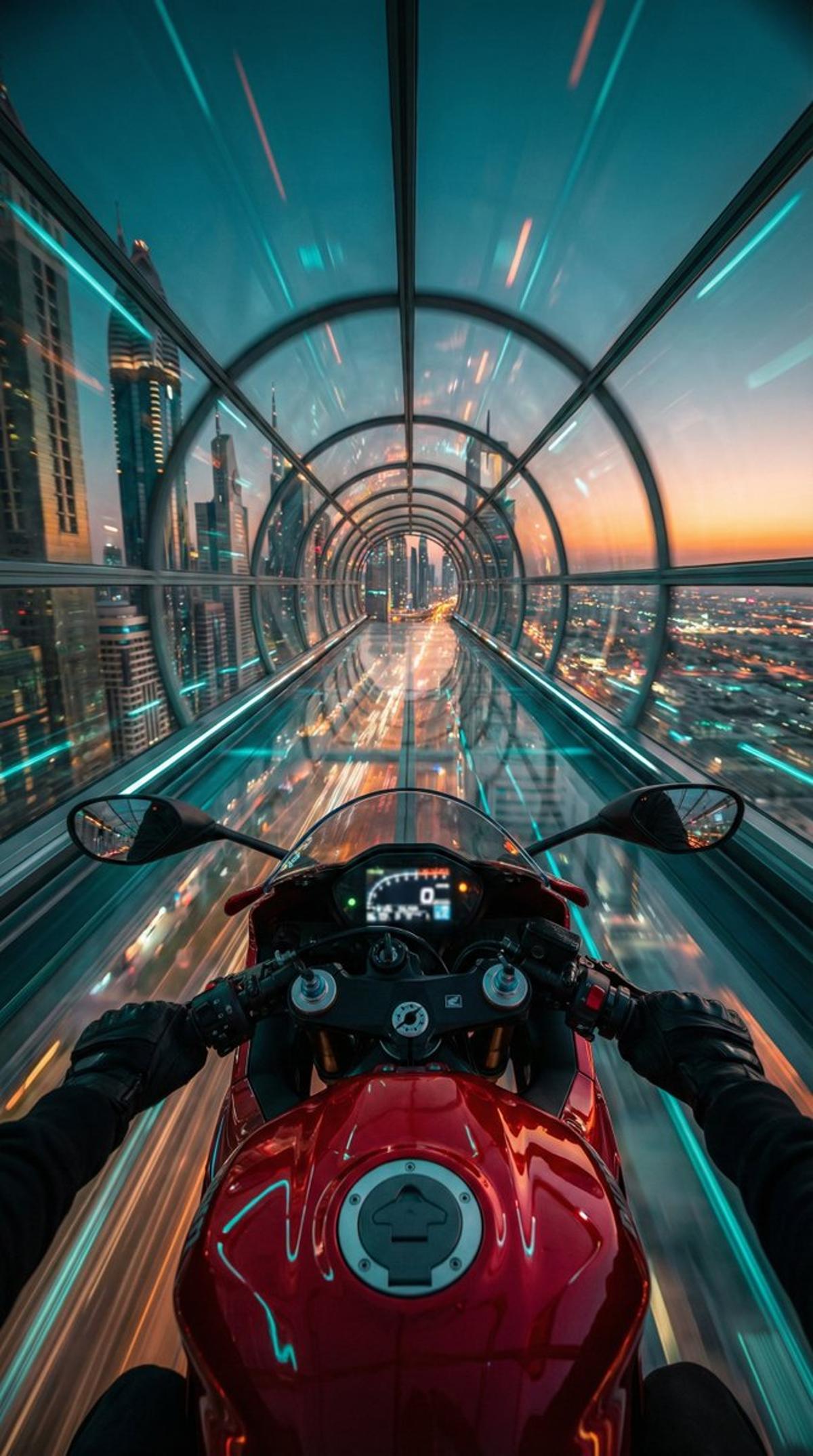 "Red futuristic sport motorcycle (POV perspective)",
"